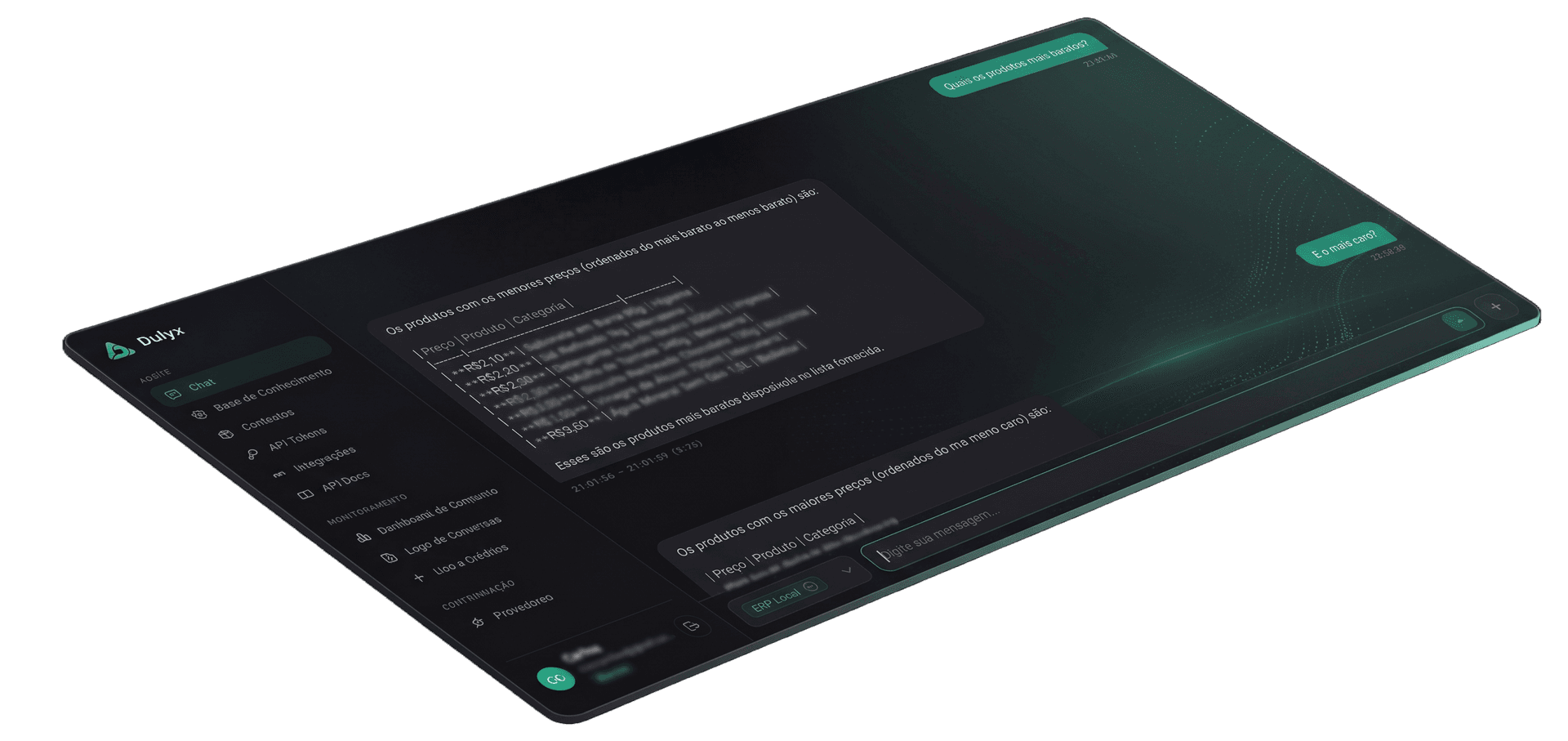 Interface de chat inteligente da Dulyx